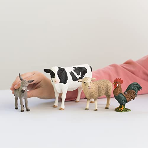 Schleich FARM WORLD - 4 PC Starter Barnyard Animal Set - Includes Cow, Sheep, Rooster and Sheep Figurines - Farm Animal Toys for Kids 3+ | 42385 | Farm Animal Figurine, Realistic Animal Toys, Cow Rooster Donkey Sheep Figures, Barn Toy for Kids 3+, Screen-