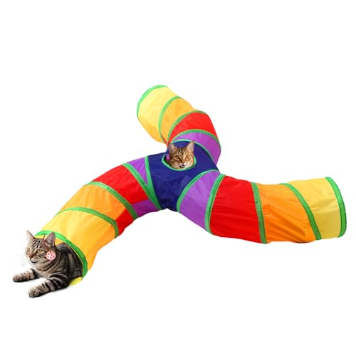 Pet Cat Tunnel, 3 Way Tunnels for Indoor Cats, Collapsible Pet Tunnel for Kitten, Puppy, Rabbit, 25cm-Wide Tunnels, Durable & Breathable, with Peek Hole Toy Ball - color: Angled 3-way Junction Tunnel & Rainbow