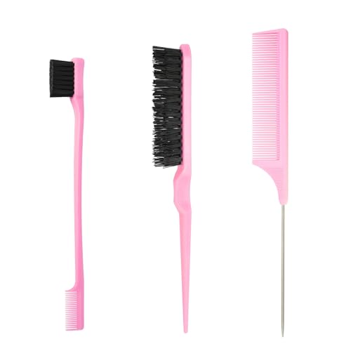 3 Pcs Slick Styling Hair Brush Set, Rat Tail Comb,Edge Bristle Brush, Teasing Brushes for Edge Back Brushing, Combing, Slicking Hair for Girls, Kids(Pink）
