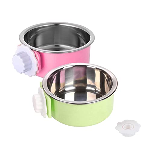 Crate Dog Bowl,Removable Stainless Steel Water Food Feeder Bowls Crate Coop Cup,Pet Cage Bowls with Bolt Holder for Cat, Puppy, Birds, Rats, Rabbits Small Animals ((Green+Pink) Round, Samll) - color: (Green+Pink) Round, size: Small