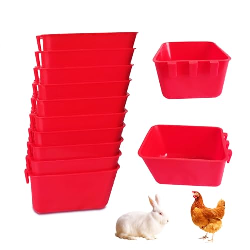 Pack of 10 Cage Cups Birds Feeders Seed Bowl Chicken Feeding Watering Dish Rabbit Water Food Hanging Wire Cages Box 8 oz Coop Cups for Pet Parrot Parakeet Game Fowl Poultry Pigeon - color: Red Square 10 packs 16oz