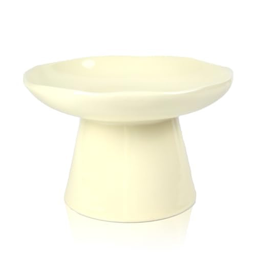 Wide Shallow 6.1" Raised Cat Bowls, Ceramic Elevated Food Plate for Flat Faced Cats and Small Dogs, Porcelain Feeder Bowl, Stress Free, Protect Cat’s Spine, Cream - color: Cream-Shallow