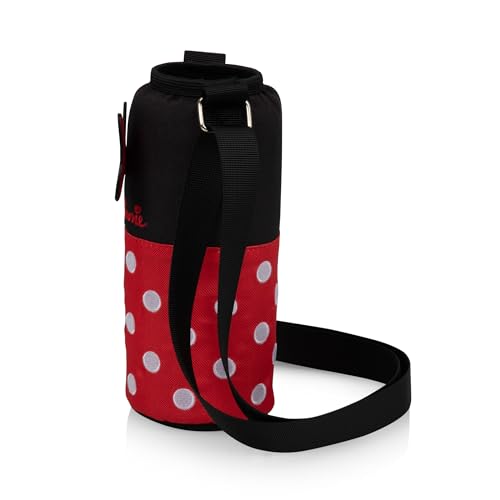 Picnic TIME Disney Shorts Bottle Cooler Tote, Insulated Water Bottle Holder with Adjustable Shoulder Strap for Travel Picnic Theme Parks, Fits 20 to 26 oz Bottles - color: Disney Minnie Mouse - Black with Red Pattern