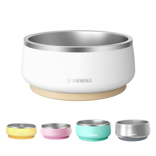 Pawaii Dog Bowl, 34 oz Stainless Steel Food and Water Bowl, ID Tag, 1 Pack | Double-Wall Design,Non-Slip Rubber Base,Dishwasher Safe,Smooth Open Design, Not a Slow Feeder,Easy-Rinse Interior - color: Cream White, size: 34oz