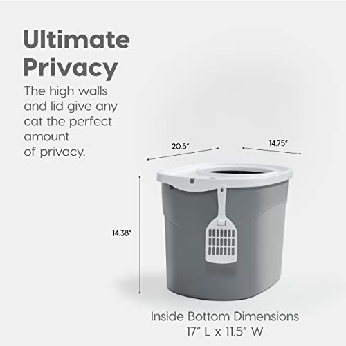 IRIS USA Large Top Entry Cat Litter Box, Hooded Privacy, Gray/White | Multi-Cat Households, Dog Proof Pan, Protected Interior, Enclosed Top Access, Reduced Tracking, Odor Trapping - color: Gray w/ Scoop