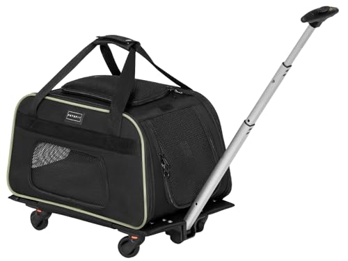 Petsfit Cat Carrier with Wheels, Removable Spinner Wheels, Up to 13 lb | Fits pets up to 15 L x 8 H in and 13 lb; removable spinner wheels, anti-sag frame, 4-sided mesh, safety tether and locks. - color: Black & Green, size: 20.1"L x 12.2"W x 14.2"H