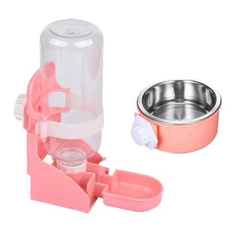 kathson Rabbit Suspended Feeder Dispenser Hanging Water Fountain Automatic Bottle,Crate Bowl Removable Plastic Stainless Steel Pet Cage Coop Cup with Bolt Holder Set for Bunny Cat Dog and Other Animal