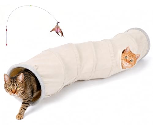 Ownpets S-Shape Cat Tunnel Toy 48"L x 10"D, for Cats, Puppies & Small Pets | Collapsible for storage, tear-resistant oxford fabric, connects to other tunnel, with peek hole, feather wand, indoor/outdoor - size: 10 Inches in Diameter