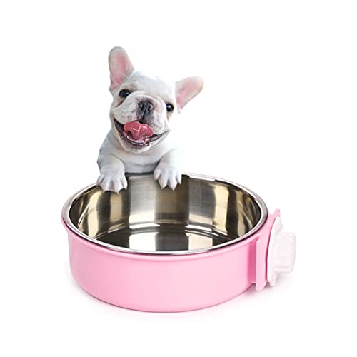 Crate Dog Bowl,Removable Stainless Steel Water Food Feeder Bowls Crate Coop Cup,Pet Cage Bowls with Bolt Holder for Cat, Puppy, Birds, Rats, Rabbits Small Animals ((Green+Pink) Round, Large) - color: (Green+Pink) Round, size: Large