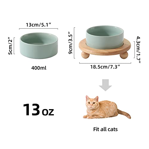 Havniva Raised Cat Bowl 5.1” Elevated Ceramic Cat Food and Water Bowl | Cat Bowls Elevated, Whisker Friendly Cat Bowl, Non-Slip Wood Stand, Food-Grade Ceramic, Wide Opening, Dishwasher Safe - color: 1 x Bowl + Stand - Light Green, size: 5.1inch