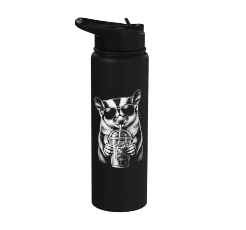 Funny Sugar Glider Drinking Iced Coffee Stainless Steel Insulated Water Bottle - color: Black