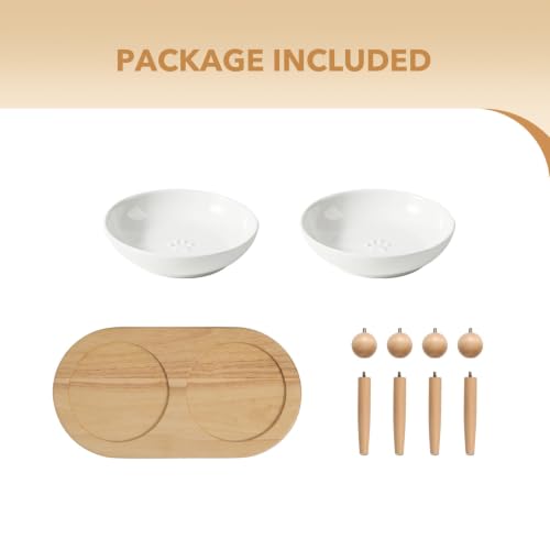 Havniva Elevated Cat Bowls, Cat Food and Water Bowl Set, Ceramic Cat Bowl | Raised Cat Food Bowls, Whisker Friendly, 5.6” Shallow Cat Dishes, Wide Cat Plates, Non-Slip Wood Stand, Two Heights - color: White, size: 2 Bowls