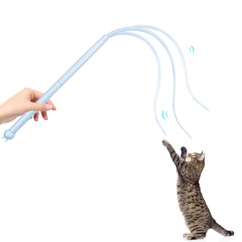 Andiker Mice Tail Cat Wand Toy, 30 inches Long Cat Teaser Stick with Innovative Silicone Rat Tail Easy to Install and Clean Soft Easy Swing Tail Interactive Cat Toys for Indoor Cats (Blue) - color: Blue