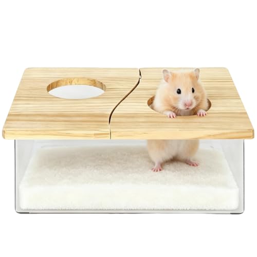 Clear Acrylic Hamster Sand Bath Box with Wood Lid Mini Pet Sandbox (B) | Transparent pet shower box with wooden cover easy clean digging hideout space saving corner design for Syrian Hamster - style: B