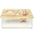 Clear Acrylic Hamster Sand Bath Box with Wood Lid Mini Pet Sandbox (B) | Transparent pet shower box with wooden cover easy clean digging hideout space saving corner design for Syrian Hamster - style: B