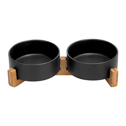 SPUNKYJUNKY Ceramic Dog and Cat Bowl Set with Wooden Stand, Modern Cute Weighted Food Water Set for Small Size Dogs (13.5OZ) & Medium Sized Dogs (28.7OZ) & Cats (1.7 Cups, 2 × Black) - color: Black × 2, size: 1.7 cups
