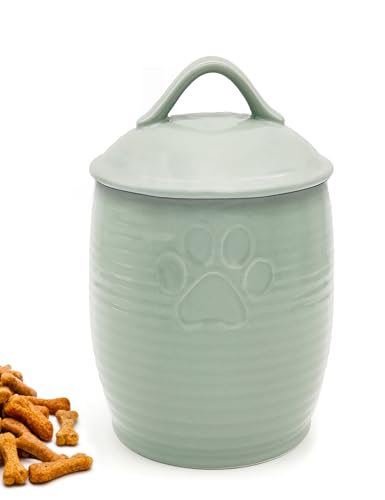 Large Dog Treat Container Airtight, Cute Dog Treat Jar with Lids,Rustic Dog Treat Storage Container, Ceramic Cat Food Jars for Kitchen Counter, Green | Large Capacity Doggie Cookie Jar for Countertop, Airtight Lid Keep Food Fresh, Sturdy Durable, Cute Paw
