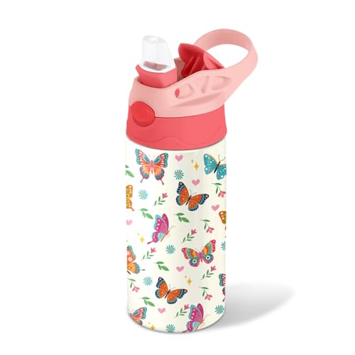 Butterfly 12 oz Water Bottle with Straw – Kids Stainless Steel Vacuum Insulated Cup, Leakproof Pop-Up Spout, Reusable Travel Mug for Boys and Girls Outdoor Sports - color: Butterfly1