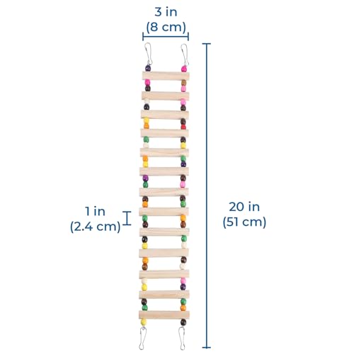 SunGrow Wooden Bird Ladder Bridge, Hanging Exercise Toy, Bird Playground Cage Accessory, Natural Wood, Edible Dye, Interactive Small Bird Toy, Parakeet, Cockatiel, Conure, Budgie Climbing Ladder