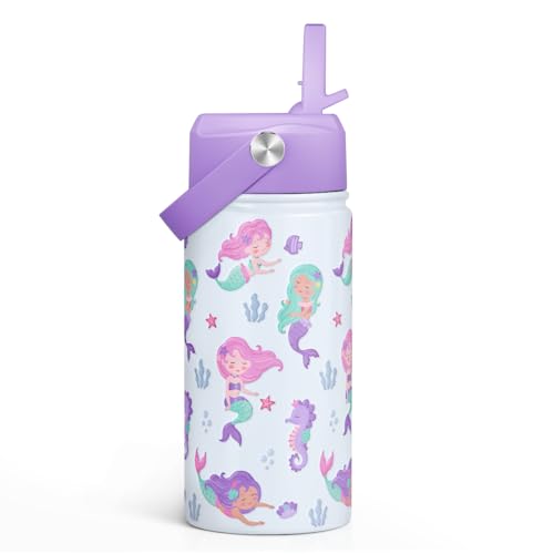 SANDJEST Mermaid Kids Water Bottle With Straw Lid 12oz Insulated Stainless Steel, Travel Tumbler, Gifts For Girls, Birthday, Christmas, Back To School - color: Mermaid 2