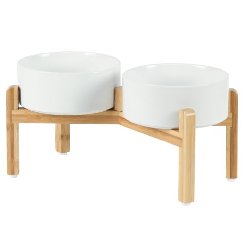 Havniva Dog Bowls Elevated, Ceramic Dog Food and Water Bowl Set | 7.3” Raised Dog Food Bowl, Elevated Dog Bowls with Bamboo Stand, Non-Slip Dog Water Bowl for Medium Dog, Large Capacity - color: Matte White, size: 7.3" - 2 Bowls+Stand