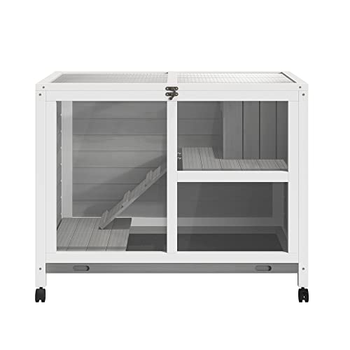 PawHut Rabbit Hutch with Wheels, Desk and Side Table Sized, Wooden Rabbit Cage, Waterproof Small Bunny Cage with Removable Tray, Openable Roof, for Indoor & Outdoor, Gray | Wooden Rabbit Cage, Waterproof Small Bunny Cage, Removable Tray, Openable Roof, fo