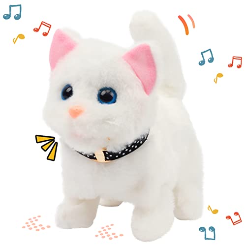 Easfan White Walking Kitty Cat Plush Interactive Toy for Kids 7.5" | Meowing Tail wagging head nodding, electronic animated kitten pet, birthday holiday gift, for toddlers - style: White Cat