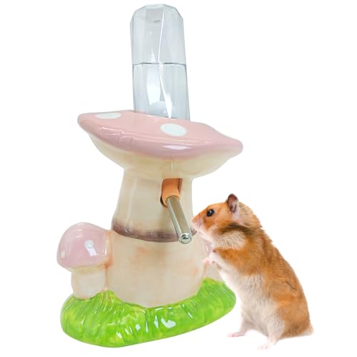 PINVNBY Hamster Water Bottle No Drip Ceramic Automatic Gerbil Water Bottle 80ML Water Dispenser with Mushroom Stand Holder for Gerbils Syrian Hamsters Dwarf Hamsters Mice (Pink) - color: Pink