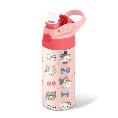 Cat & Bowknot 12 oz Water Bottle with Straw – Kids Stainless Steel Vacuum Insulated Cup, Leakproof Pop-Up Spout, Reusable Travel Mug for Girls Outdoor Sports - color: Cat1