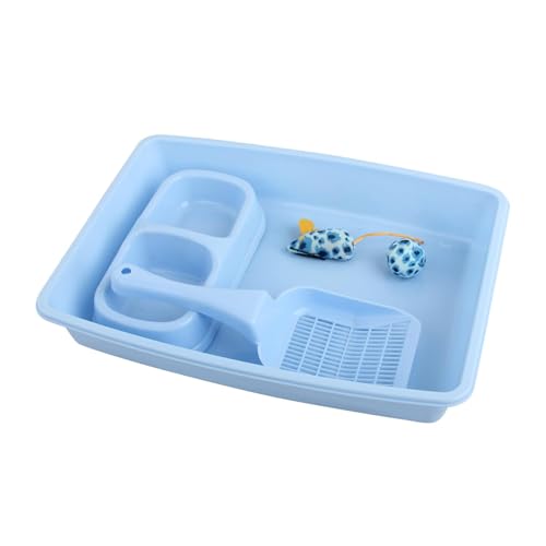 PAWISE Cat Litter Box Set, Small Cat Kitten Starter Kit, Includes Cats Toilet Kitten Litter Pan with Litter Scoop, Double Dish Cat Bowl, Kittens Mouse and Ball Toy - color: Blue