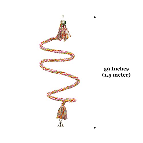 SunGrow Rope Perch for Parrots, 59” Long, Bungee Bird Toy, Brightly Colored Handmade Chew Toy, Spiral Design with Jingling Bell