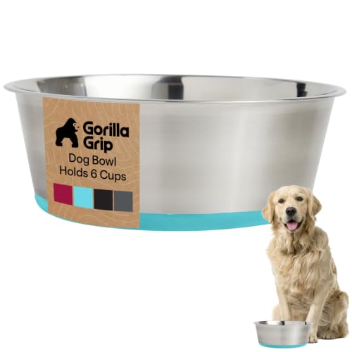 GORILLA GRIP Dog Bowl, Holds 6 Cups (48 fl oz), Food Grade 304 Stainless Steel Food and Water Bowl for Feeding Dogs and Cats, BPA Free Rubber Base, Easy Clean, Dishwasher Safe,Rust Resistant Turquoise - color: Turquoise, size: 6 Cup (48 Oz)