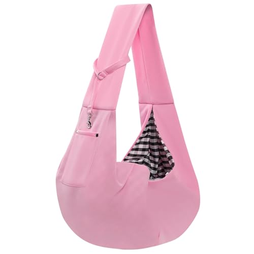 ARZQUT Dog and Cats Carrier Sling, Small Pet Carrier with Storage Pocket | Reversible Puppy Sling Carrier, Safety Buckle, Storage bag, Machine Washable for Travel, Outdoor Activitie, Hand-Free, Pink - color: Pink