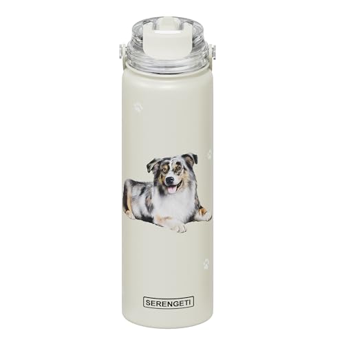 SERENGETI 24 Oz Water Bottle Stainless Steel with Spill Proof Lid - Double walled Vacuum Insulated water flask - Realistic 3D Print of your favorite dog (Australian Shepherd) - color: Australian Shepherd