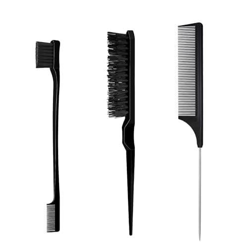 3 Pcs Slick Styling Hair Brush Set, Rat Tail Comb,Edge Bristle Brush, Teasing Brushes for Edge Back Brushing, Combing, Slicking Hair for Girls, Kids(Black）