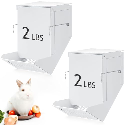 2 Pcs Rabbit Feeder for Cages Small Animal Food Pellet Dispenser with Lid Metal Chicken Grit Oyster Shell Squirrel Feeders Outside(4.7 Inches,Mesh Bottom,White) - color: White, size: 4.7 Inches, style: Mesh Bottom