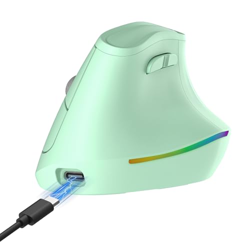 KYSONA 57° Wireless Ergonomic Mouse, Vertical Mouse, Carpal Tunnel Mouse, RGB Light, Rechargeable, Bluetooth & 2.4G, 5-Level DPI Adjustment, Quiet Click Ergo Mice Compatible with PC/Laptop/Mac, Green