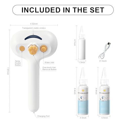 Pet Steam Brush for Dog & Cat Includes Waterless 2*Shampoo | Spray Hair Removal Comb for Shedding Grooming Softens Fur Reduces Static Water Brush for Long & Short Coats, Bath-Hating Pets - size: 7.8"-240ML