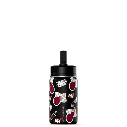 Hydrapeak x NBA Officially Licensed Miami Heat 14oz Mini Kids Water Bottle with Straw Lid and Handle Reusable Stainless Steel Double Wall Insulated Spill Proof Sports Gift for Boys Girls - color: Miami Heat