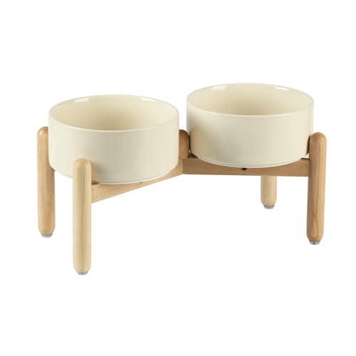 Havniva Elevated Dog Bowls Ceramic Dog Bowls with Stand, Dog Food Bowl | 7.3” Raised Dog Bowls with Non-Slip Wood Stand, Dog Food and Water Bowl Set, Double Dog Feeding Bowls for Medium Dogs - color: 2 Bowls+Stand - Light Yellow, size: 7.3inch