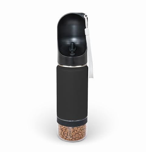 Mon Chateau 14oz Portable Dog Water Bottle with 4 oz Snack Storage, Double Walled Stainless Steel Body, Leak-Proof, Dishwasher Safe Pet Travel Bottle for Dogs, Cats & Outdoor Use, Black | 4oz Snack Compartment, Double Walled Stainless Steel, Leak-Proof, D