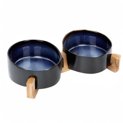 SPUNKYJUNKY Ceramic Dog and Cat Bowl Set with Wooden Stand, Modern Cute Weighted Food Water Set for Small Size Dogs (13.5OZ) & Medium Sized Dogs (28.7OZ) & Cats (3.6 Cups, 2 × Starry Blue) - color: Starry Blue × 2, size: 3.6 cups