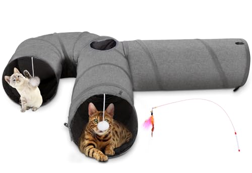 Ownpets 10" Large Cat Tunnel 3-Way U-Shape Oxford Fabric for Large Cat | Silent oxford fabric no noise, expandable 3-channel design, with plush ball ,feather wand, peek hole, for multi-cat household - size: 10 Inches in Diameter