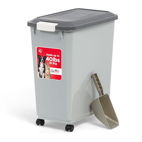 IRIS USA Dog Food Storage Container, Up to 40 lbs, Gray/Dark Gray | Made in USA, Comes with Wheels & 2-Cup Scoop, Airtight Seal, BPA-Free, Bird Seed, Cat food, Cat Litter, Treats, Pellets - color: Gray/Dark Gray, size: 40 lbs
