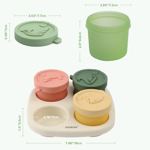 Haakaa Silicone Baby Food Containers, 4oz/120ml Baby Food Jars with Leakproof Animal Lids and Tray, Freezer-Safe Storage for Homemade Purees, Snacks & Meal Prep, 4 Pack, Oat Tray - color: Oat Tray