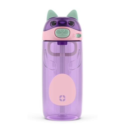 Ello Ellies 16oz BPA-Free Plastic Leakproof Kids Water Bottle, Cat | Animal shaped plastic kids water bottle with straw, leakproof locking lid, carry handle, & BPA-free design for school lunches - color: Cat, size: 16 Ounces