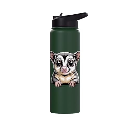 Sugar Glider Cute Peeking Marsupial Funny Animals Stainless Steel Insulated Water Bottle - color: Dark Green