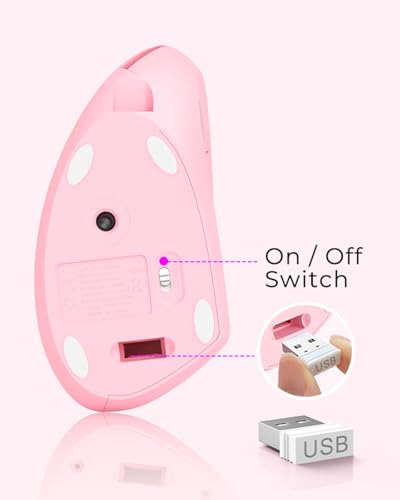 Lekvey Ergonomic Mouse, Rechargeable Vertical Wireless Mouse, Pink | USB-C Charging, 2.4G USB Plug & Play, Quiet Click, 800/1200/1600 DPI, 6 Buttons, Carpal Tunnel Mouse, for Laptop, PC, Mac - color: Pink