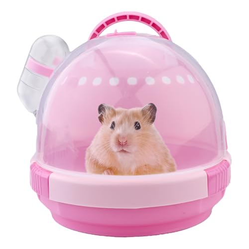 Pink Portable Hamster Carrier with Water Bottle & Handle, Breathable Guinea Pig Travel Cage, Pet Small Animal Carrier Carrying Case for Gerbils Mice Hedgehog Outgoing Transport (7" x 6.2") - color: Pink