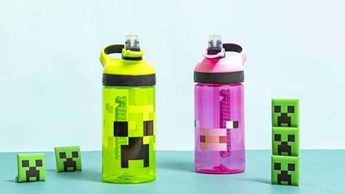 Zak Designs Minecraft Kids Water Bottle with Straw and Built in Carrying Loop Set, Made of Plastic, Leak-Proof Water Bottle Designs (Creeper/Pig, 16 oz, 2pc Set) - color: Creeper & Pig